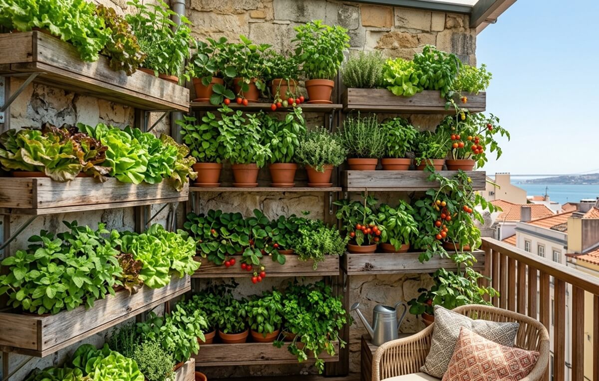 Horta vertical de varanda num apartamento urbano em Portugal