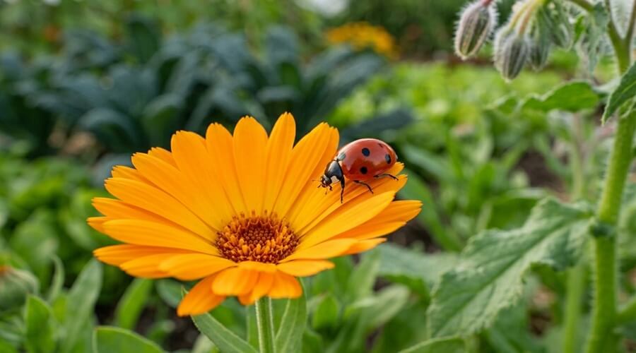 Fotografia macro de uma joaninha numa calêndula, exemplificando o controlo biológico para manter a horta mais produtiva de forma natural