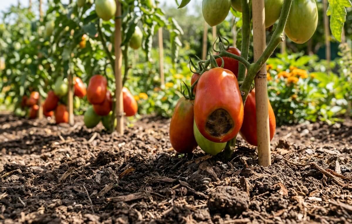 Tomate San Marzano cultivado em solo pleno com sintomas graves de podridão apical do tomate, mostrando o fundo preto e seco
