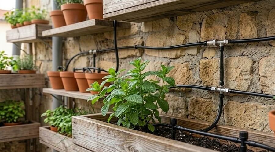 Horta vertical: Como transformar paredes de varandas em espaços produtivos 3 Sistema de rega gota-a-gota automático para horta vertical