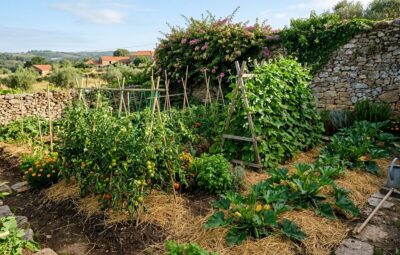 Tarefas na horta em junho — canteiros de tomate em espaldeira, courgettes e feijão-verde em crescimento