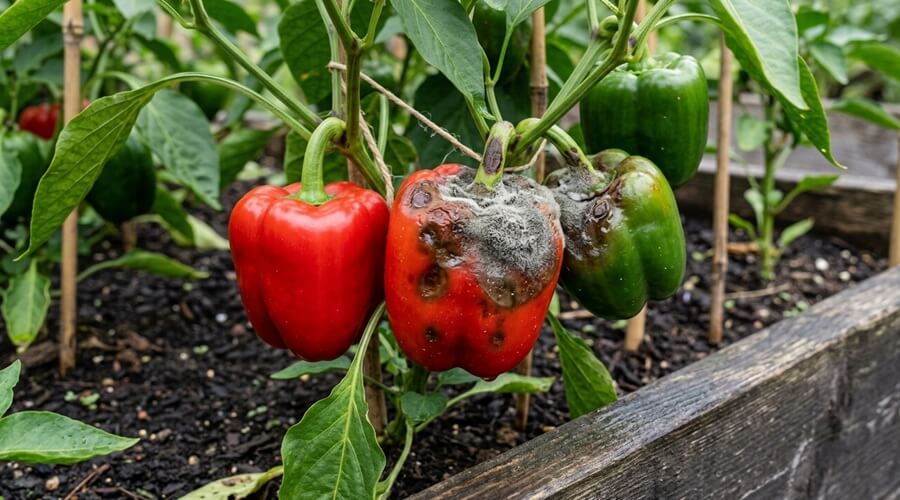 Botrytis na horta: como identificar, prevenir e tratar de forma biológica 2 Botrytis em frutos de pimento com manchas encharcadas junto ao pedúnculo em canteiro elevado