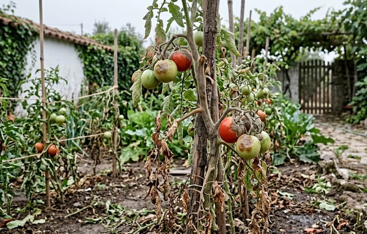 Botrytis em planta de tomate com massa cinzenta de esporos no caule e folhas necrosadas