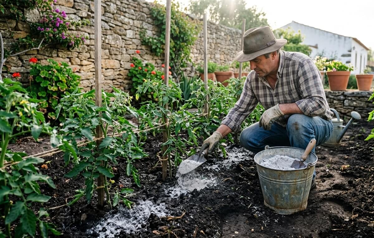 Aplicação de cinza de madeira na horta em redor de plantas de tomate num canteiro de quintal
