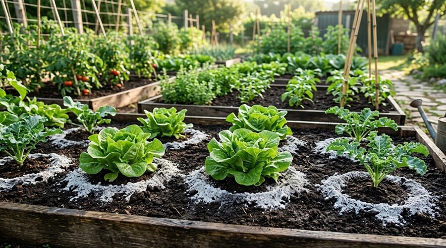 Cinza de madeira na horta: como usar, quanto aplicar e quando evitar 2 Cinza de madeira na horta aplicada em anel como barreira contra lesmas em redor de plantas de alface