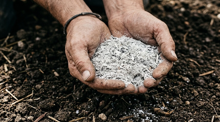 Cinza de madeira na horta: como usar, quanto aplicar e quando evitar 1 Cinza de madeira na horta — textura fina e pulverulenta de cinza pronta a aplicar no solo