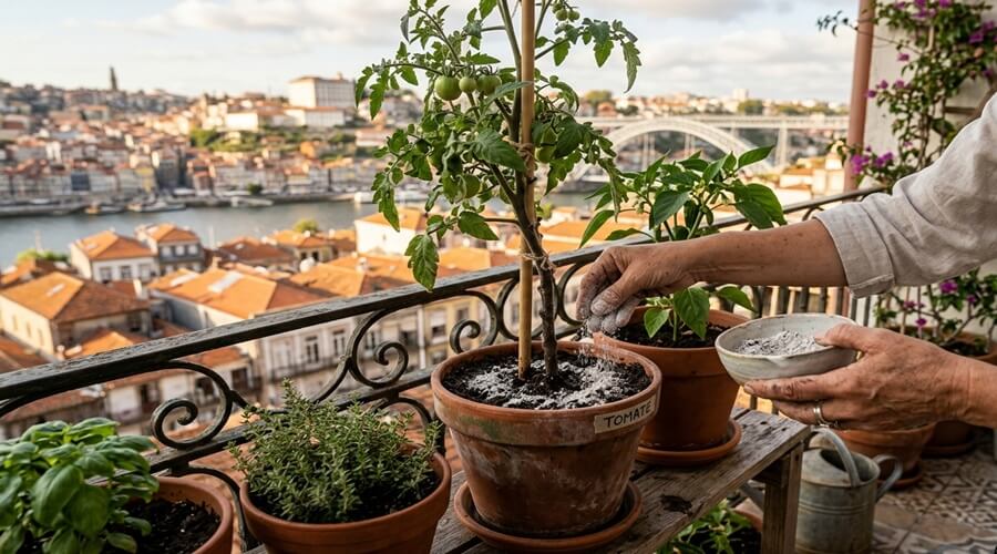Cinza de madeira na horta: como usar, quanto aplicar e quando evitar 3 Aplicação de cinza de madeira na horta em vasos de pimento e tomate numa varanda urbana