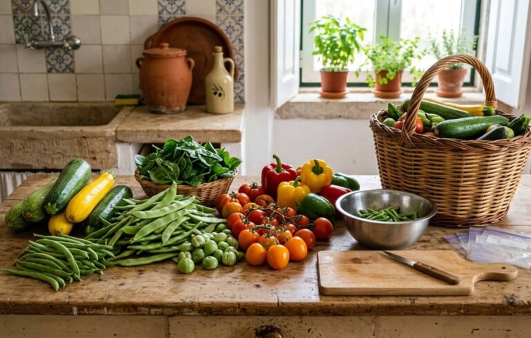 Congelar Hortícolas frescas da horta — courgettes, feijão-verde, tomates e pimentos