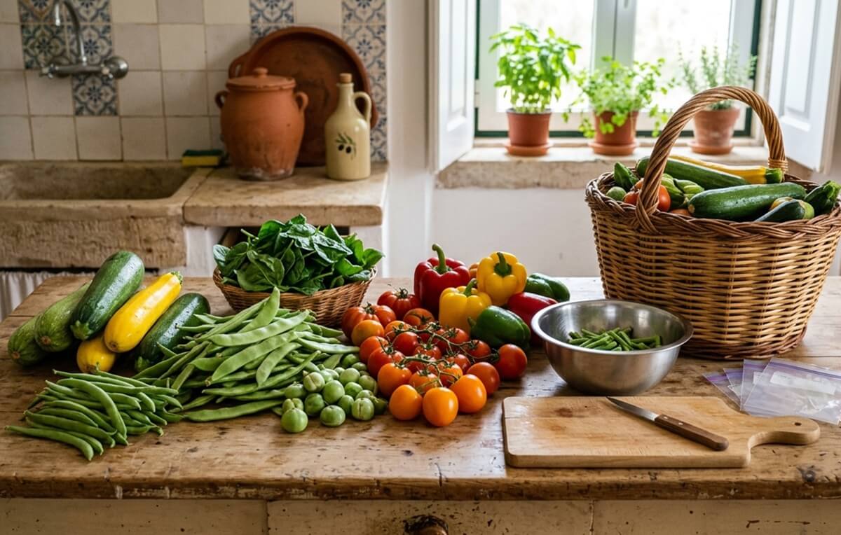 Congelar Hortícolas frescas da horta — courgettes, feijão-verde, tomates e pimentos