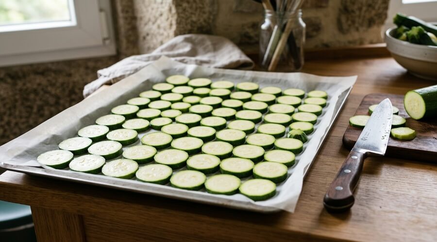Courgette cortada em rodelas em tabuleiro para pré-congelação antes de congelar hortícolas em sacos