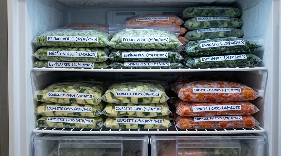 Sacos etiquetados com hortícolas congeladas organizados no congelador — resultado de congelar hortícolas corretamente