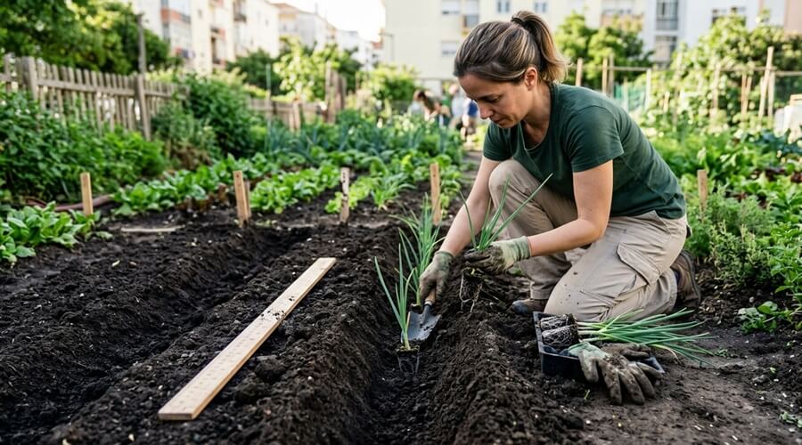 Transplante de mudas jovens para cultivar alho-francês em sulcos fundos de horta comunitária