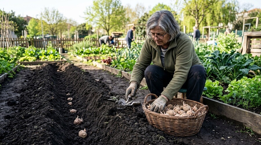 Plantação de batatas-semente pré-germinadas em sulcos para cultivar batata em horta comunitária