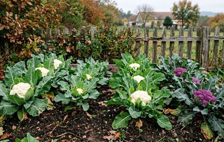 Cultivar couve-flor em pequena horta caseira de solo com outros canteiros de outono ao redor