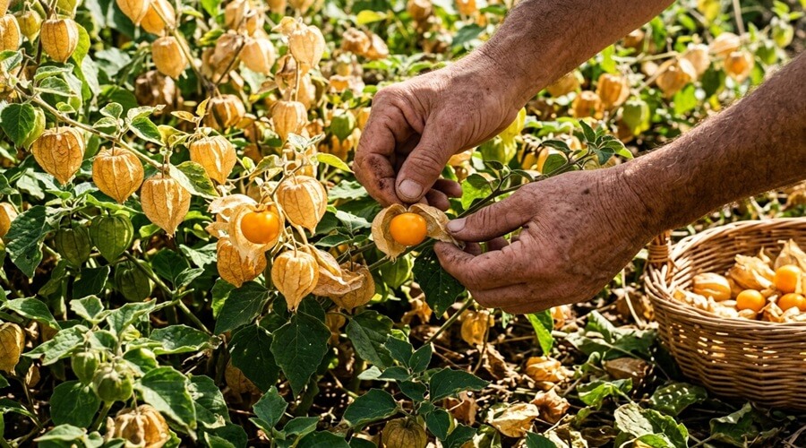 Physalis na horta: guia prático da sementeira, à colheita 3 Colheita de frutos de physalis com cálices papiráceos secos — sinal de maturação ao cultivar physalis