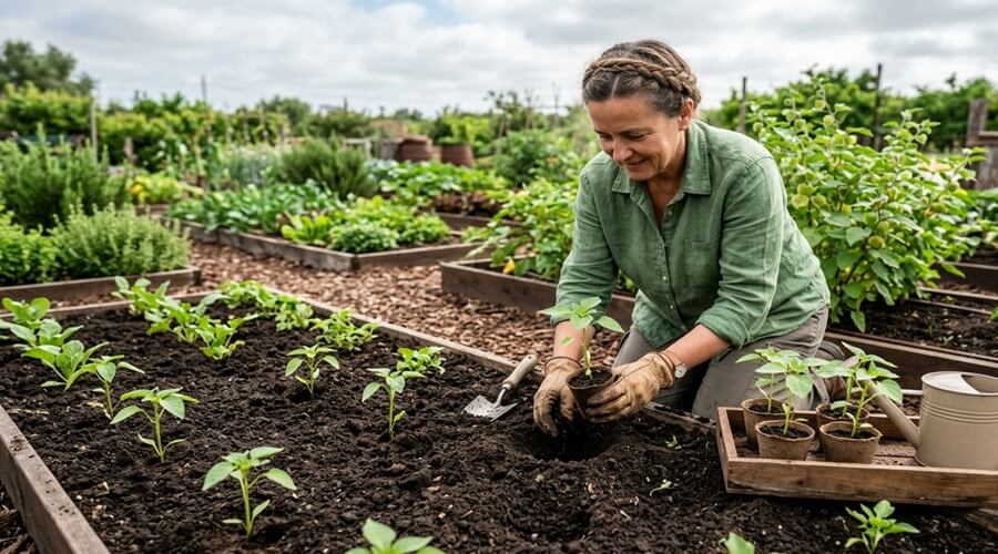 Physalis na horta: guia prático da sementeira, à colheita 1 Transplante de mudas jovens para cultivar physalis em canteiro de horta