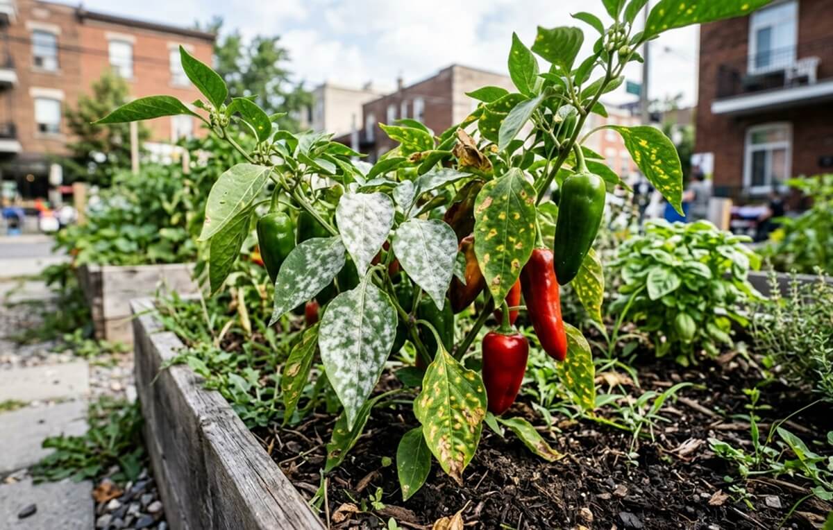 Doenças do pimento em horta urbana com folhas afetadas por oídio e manchas amarelas