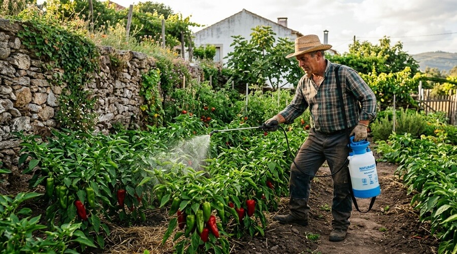 Aplicação de tratamento biológico para doenças do pimento em canteiro de horta de solo ao ar livre