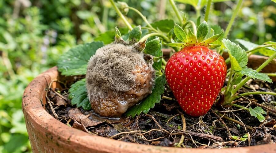 Botritis em fruto de morango em vaso — doença fúngica mais frequente nos morangos em vasos