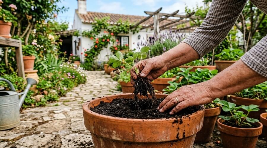 Plantação de estolho de morango em vaso de terracota para cultivar morangos em vasos