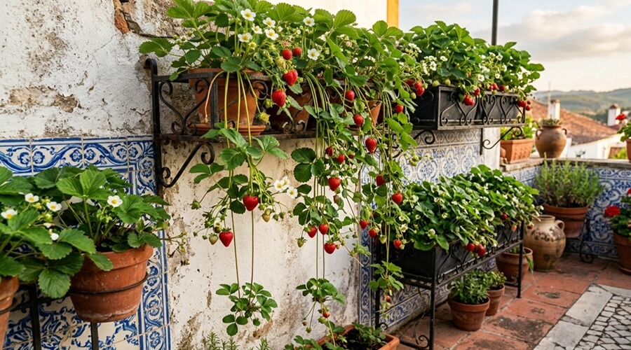 Morangos em vasos suspensos em terraço com estolhos em cascata e frutos vermelhos visíveis