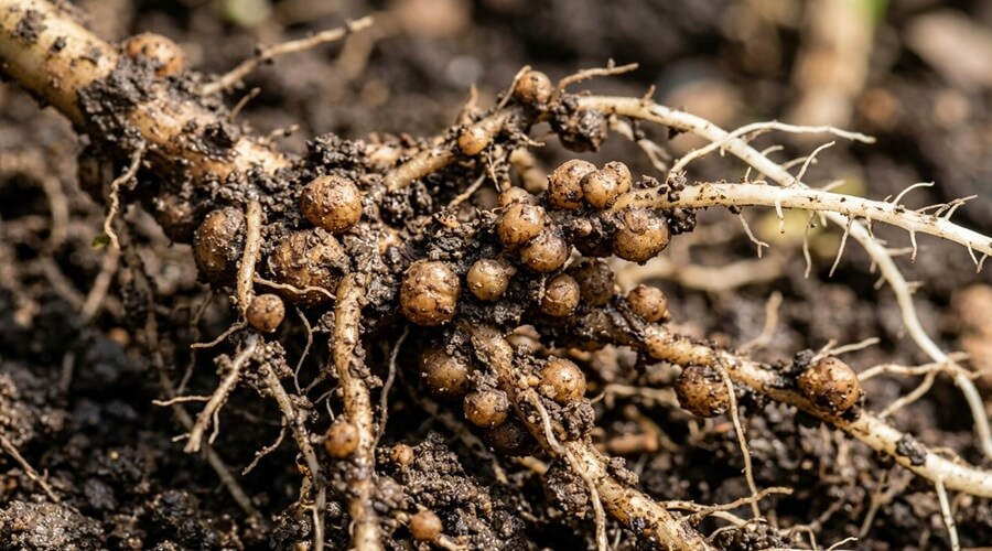 Nemátodos na horta: sintomas, diagnóstico e soluções naturais 1 Galhas nas raízes causadas por nemátodos na horta — nódulos acastanhados característicos de Meloidogyne