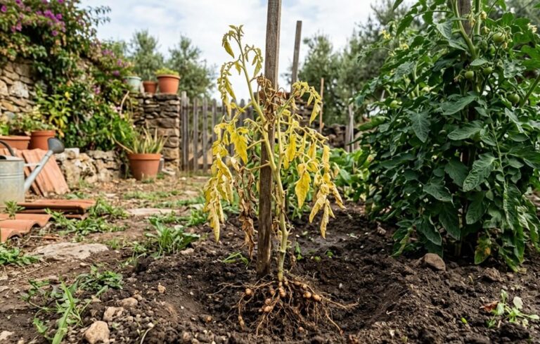 Nemátodos na horta — tomateiro com folhagem amarelada e murchas por ataque nas raízes