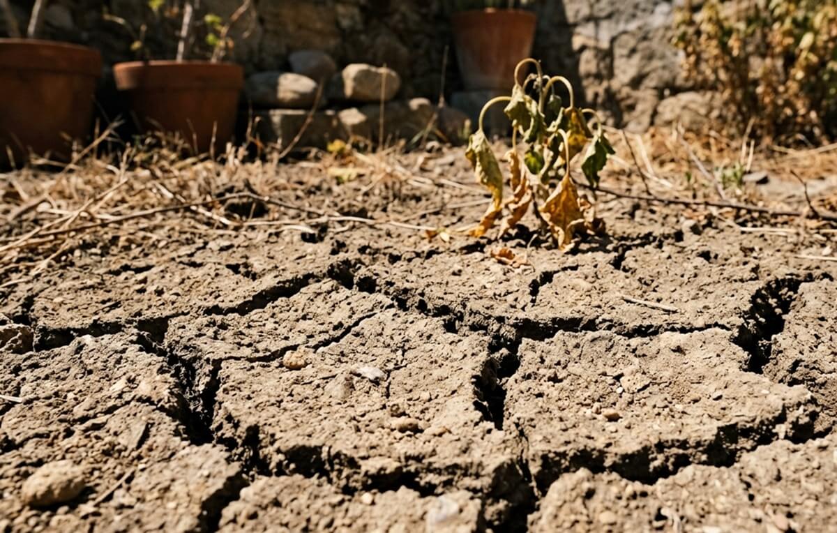 Solos argilosos secos e compactados com fissuras profundas na superfície de quintal português