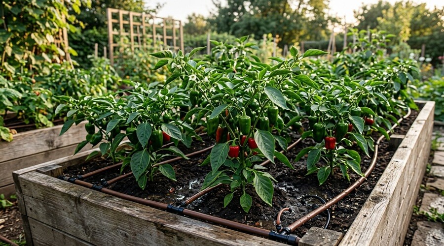 Solução para quando os pimenteiros não crescem — rega gota a gota consistente em canteiro elevado com plantas vigorosas