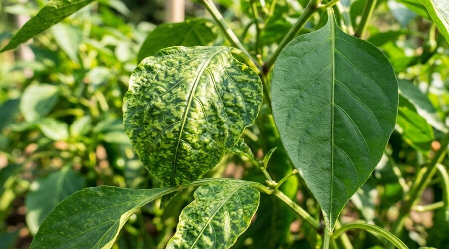 pimenteiros não crescem - Vírus do mosaico em pimento com folhas deformadas