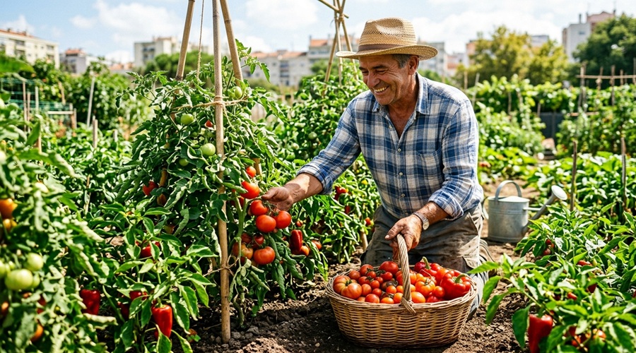 Tarefas na horta em julho: calendário completo para o horticultor biológico 3 Tarefas na horta em julho — colheita de tomates maduros e pimentos vermelhos em horta urbana