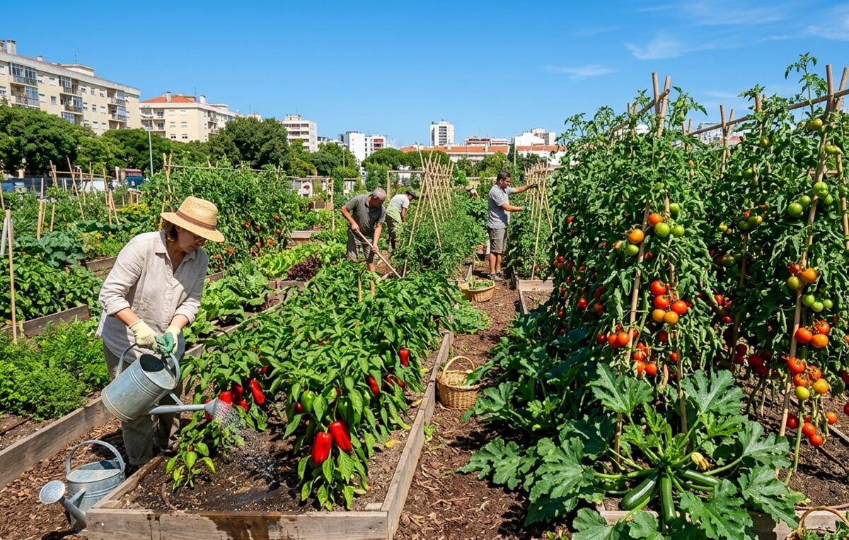 Tarefas na horta em julho — horta comunitária com tomateiros carregados, pimentos e courgettes em produção