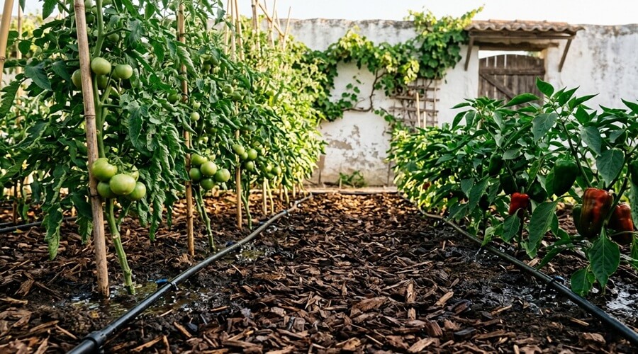 Tarefas na horta em julho: calendário completo para o horticultor biológico 1 Tarefas na horta em julho — sistema de rega gota a gota em funcionamento entre tomateiros em quintal