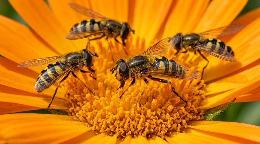 Cultivar calêndula na horta biológica: a flor que protege, atrai e alimenta 1 Cultivar Calêndula - Macro com sirfídeos predadores a alimentar-se de pólen — insetos auxiliares essenciais
