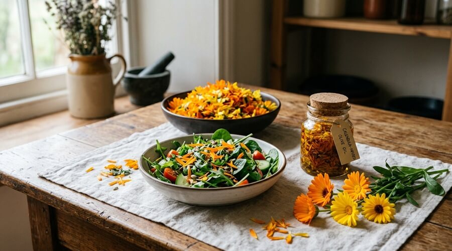Cultivar calêndula na horta biológica: a flor que protege, atrai e alimenta 3 Cultivar calêndula - Pétalas colhidas da horta com azeite infusionado e salada com pétalas como guarnição