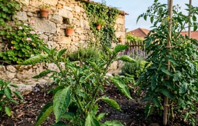 Controlo de pulgões — infestação em pimenteiro com formigas a proteger colónias em horta de quintal português