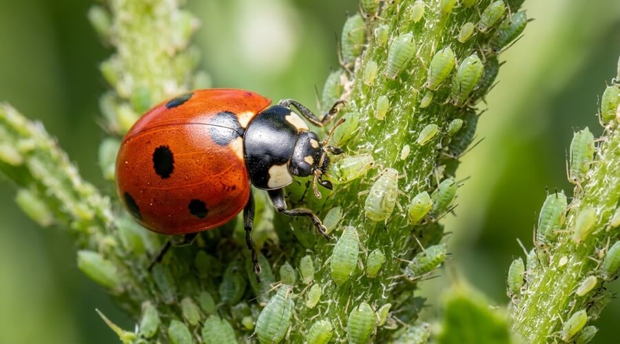 Pulgões na horta: como fazer o controlo biológico de forma eficaz e duradoura 3 Controlo de pulgões com joaninha predadora a alimentar-se de colónia de afídeos em caule de planta