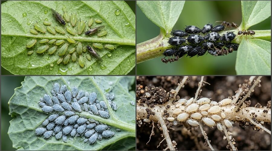 Pulgões na horta: como fazer o controlo biológico de forma eficaz e duradoura 1 Mosaico macro das quatro espécies de pulgões mais comuns na horta portuguesa — pulgão verde, negro, cinzento e da raiz