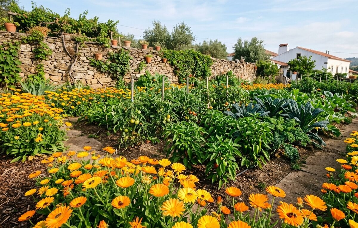Cultivar Calêndula na horta com flores laranja e amarelas em bordadura de canteiros de tomate e pimento com abelhas visíveis