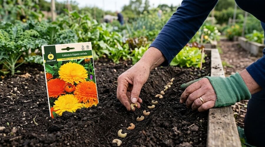 Cultivar calêndula na horta biológica: a flor que protege, atrai e alimenta 2 Sementeira direta para cultivar calêndula na horta com sementes curvas visíveis em sulco de bordadura de canteiro