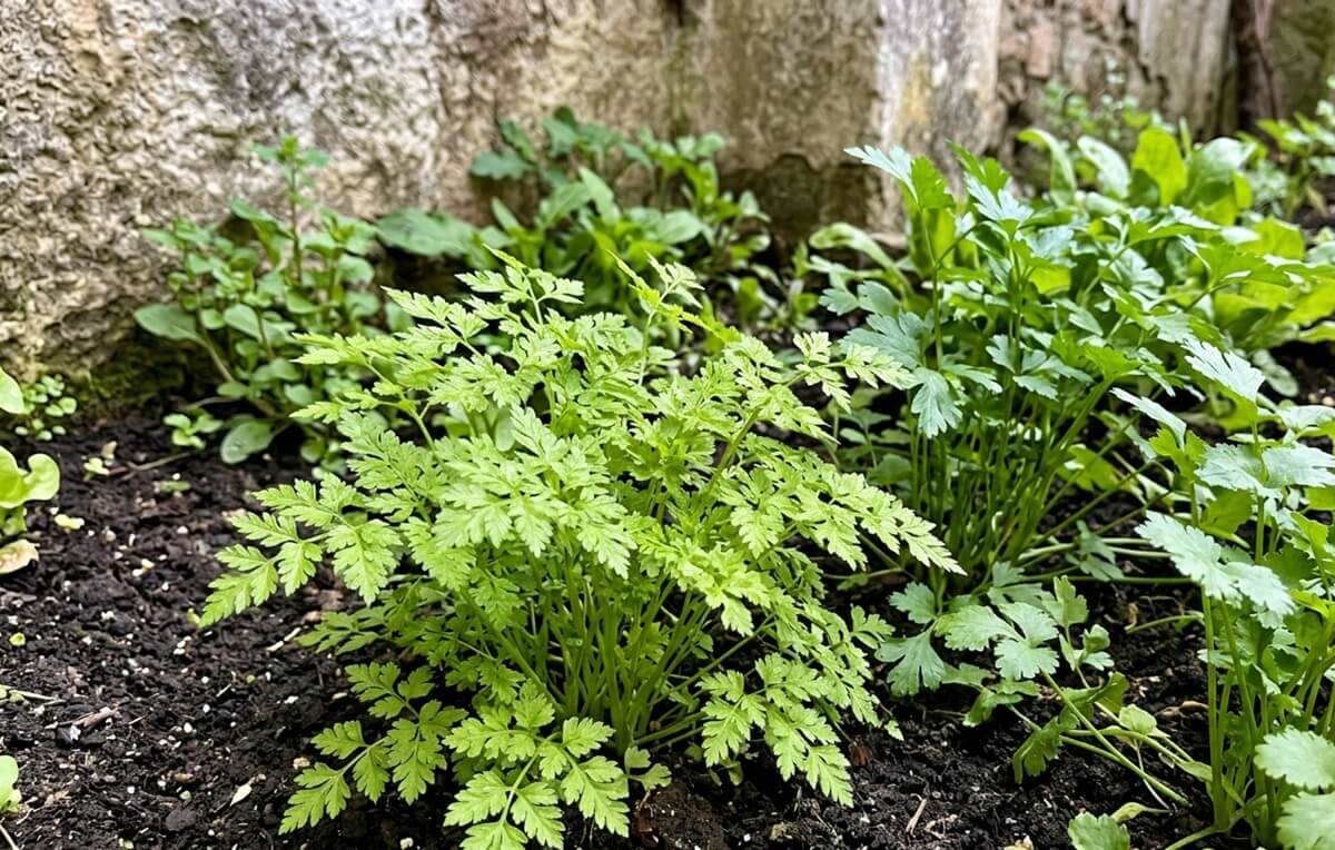 Cultivar cerefólio com folhagem verde rendilhada em meia-sombra numa horta portuguesa