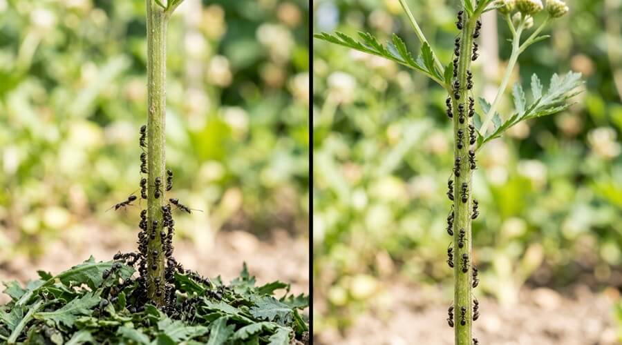 Cultivar tanaceto na horta biológica: o repelente natural que protege tudo 1 Folhas de tanaceto como barreira repelente de formigas — praga controlada ao cultivar tanaceto na horta
