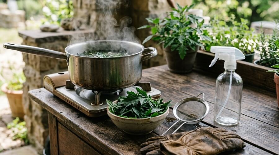 Como preparar e usar a Erva-de-Santa-Maria 1 Preparação de chá de Erva-de-Santa-Maria com folhas em infusão num tacho e pulverizador pronto a encher