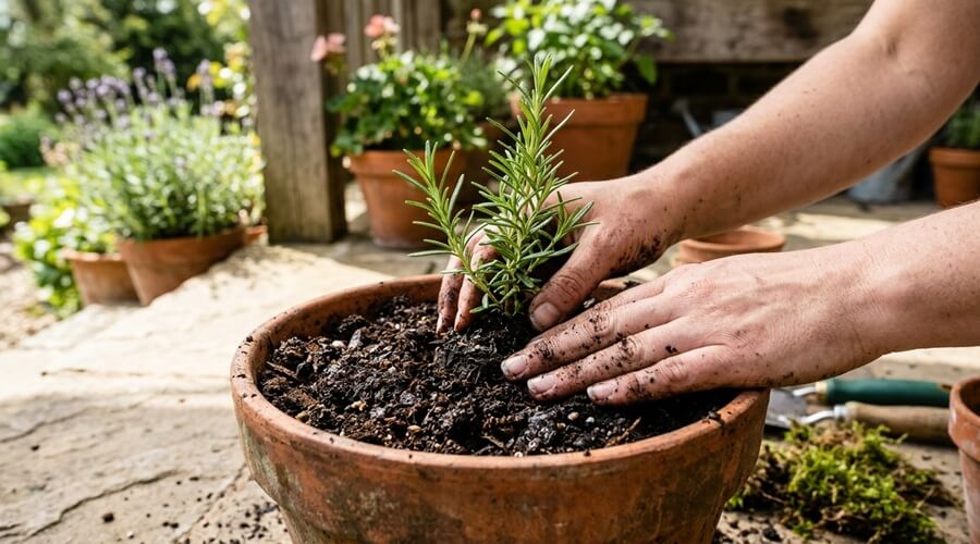 Horta Medicinal: 15 plantas para cultivar e usar em casa 1 horta medicinal com plantação de muda de alecrim em vaso de barro com substrato biológico