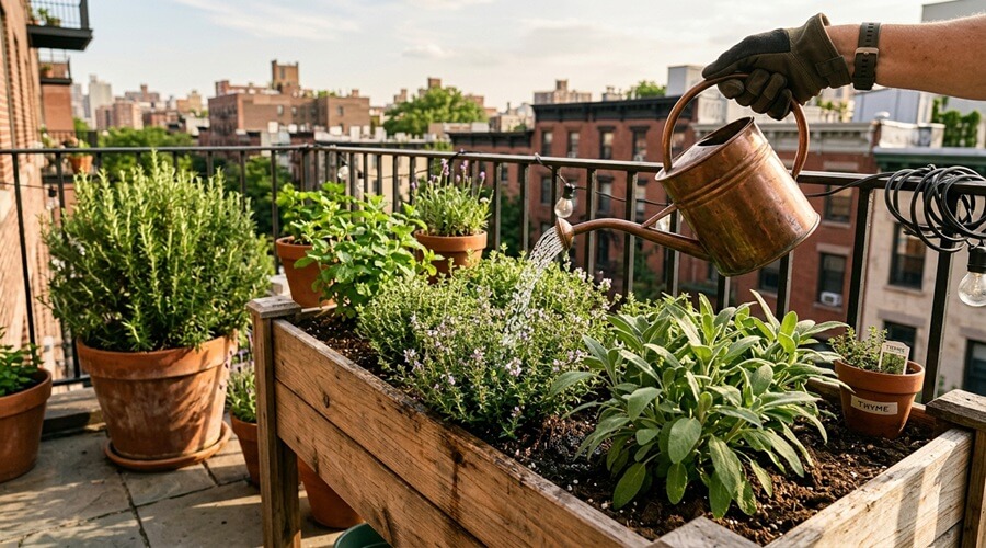 Horta Medicinal: 15 plantas para cultivar e usar em casa 2 Rega de plantas medicinais numa horta medicinal de varanda
