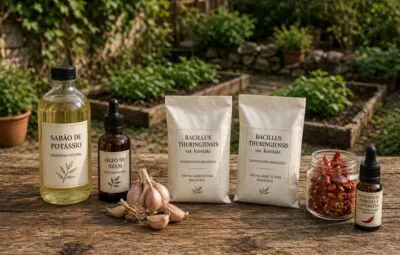 Ingredientes para preparar inseticidas biológicos caseiros — sabão de potássio, óleo de neem, alho e Bacillus thuringiensis numa mesa de jardim