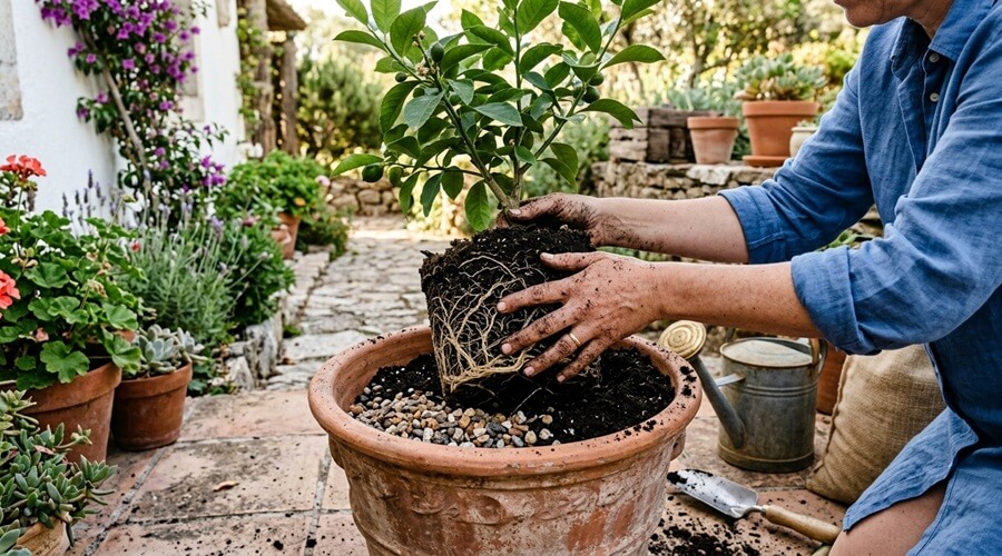 Limoeiro em vaso: tudo o que precisa de saber para ter limões o ano inteiro 1 Repicagem de limoeiro em vaso com substrato específico para citrinos e raízes saudáveis visíveis
