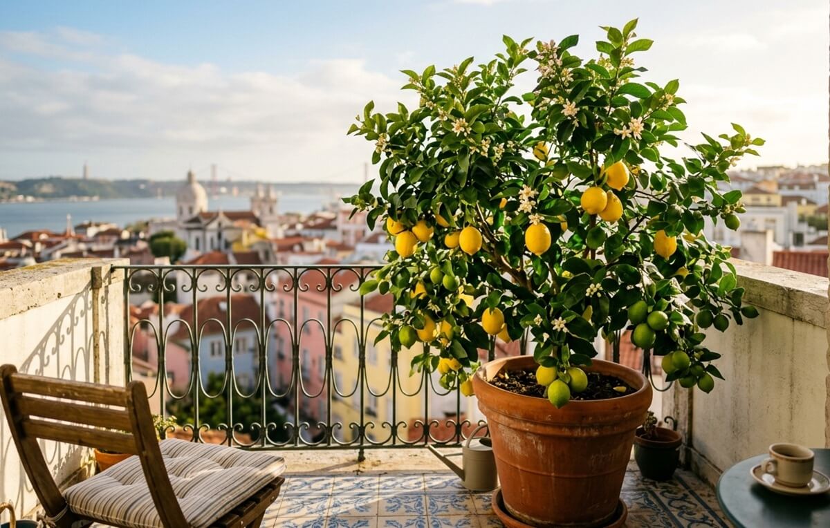 Limoeiro em vaso numa varanda portuguesa com limões amarelos maduros e flores brancas visíveis