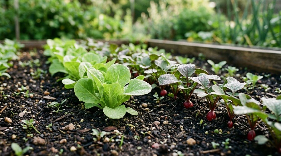 Plantas companheiras e antagónicas na horta biológica 1 Alface e rabanete intercalados, exemplo de plantas companheiras e antagónicas de ciclos diferentes