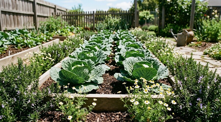 Plantas companheiras e antagónicas na horta biológica 5 Couves rodeadas de alecrim e camomila, exemplo de plantas companheiras e antagónicas
